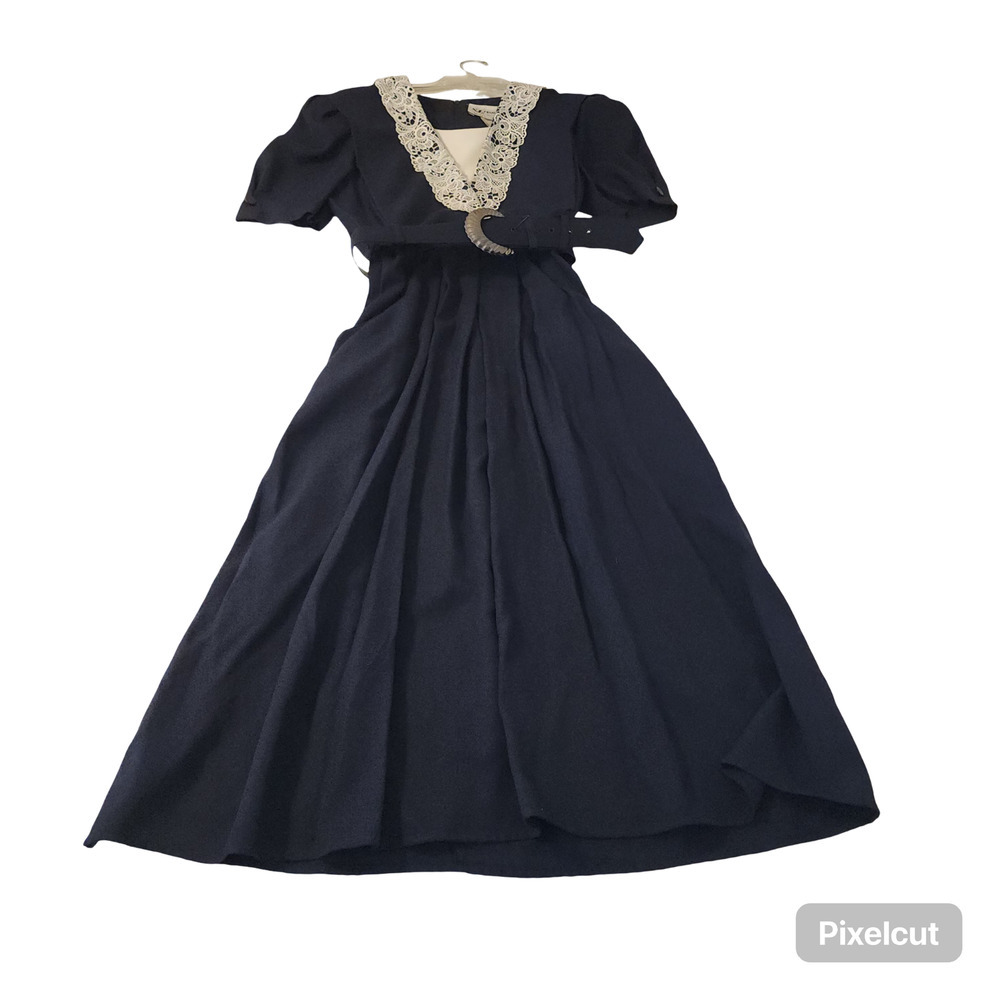Vintage Deep Navy Blue Belted Dress Crochet Lace Trim Fit Flare Belted Sz 8 80s